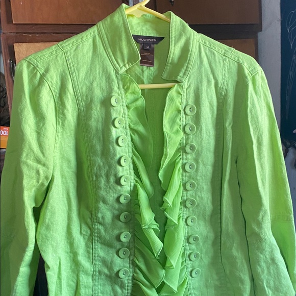 Multiples Neon Green Ruffle Button-Up Blouse - Picture 4 of 16